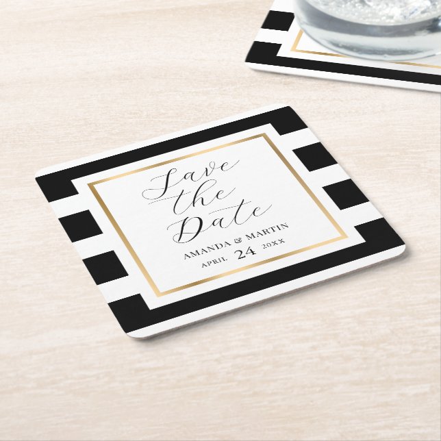 Save the Date Schwarz-Gold-Streifen-Hochzeit Rechteckiger Pappuntersetzer (angewinkelt)