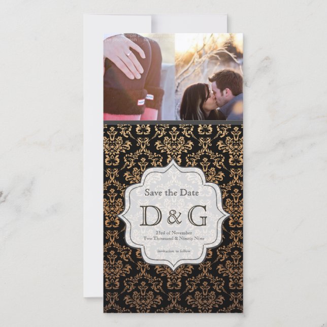 Save the Date Schwarz/Orange Damask Fillagary Card (Vorderseite)