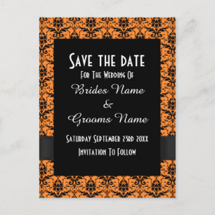 Save the Date schwarz-orange Damast Ankündigungspostkarte