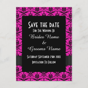 Save the Date schwarz-rosa Damast Ankündigungspostkarte