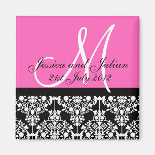 Save the Date Schwarz/Rosa Monogramm Damask Trelli Magnet