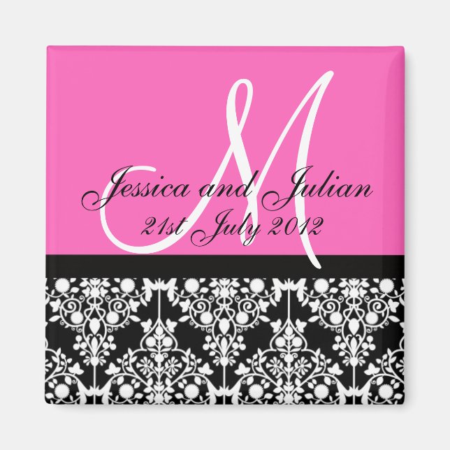 Save the Date Schwarz/Rosa Monogramm Damask Trelli Magnet (Vorne)