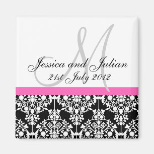 Save the Date Schwarz/Rosa Monogramm Damask Trelli Magnet