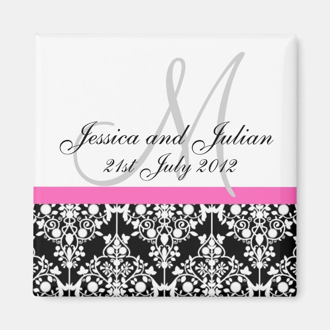 Save the Date Schwarz/Rosa Monogramm Damask Trelli Magnet (Vorne)