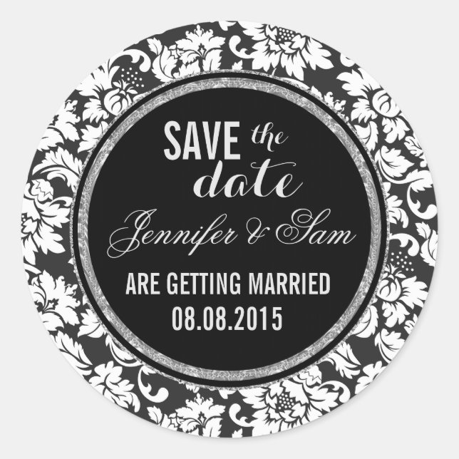Save the Date-Schwarz-weiß- und Silberakzente Runder Aufkleber (Vorderseite)