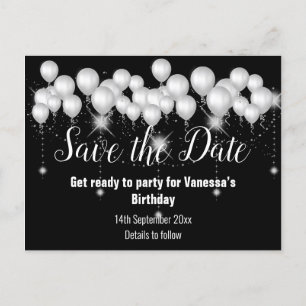Save the Date Schwarz-weiße Ballons Ankündigungspostkarte