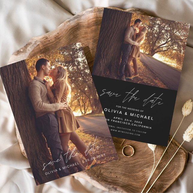 Save the Date Schwarz-weißes Hochzeitsszenario Flyer (Von Creator hochgeladen)