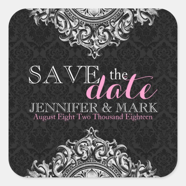 Save the Date schwarze Damaskus und weiße Blumensp Quadratischer Aufkleber (Vorderseite)
