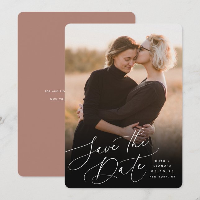 Save The Date Script balayé par vent | Photo verticale (Devant / Derrière)