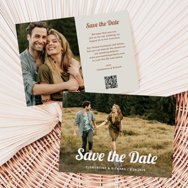 Save The Date Script Boho | Deux photos et code QR (A trendy, retro save the date card with two photos and a scannable QR code)
