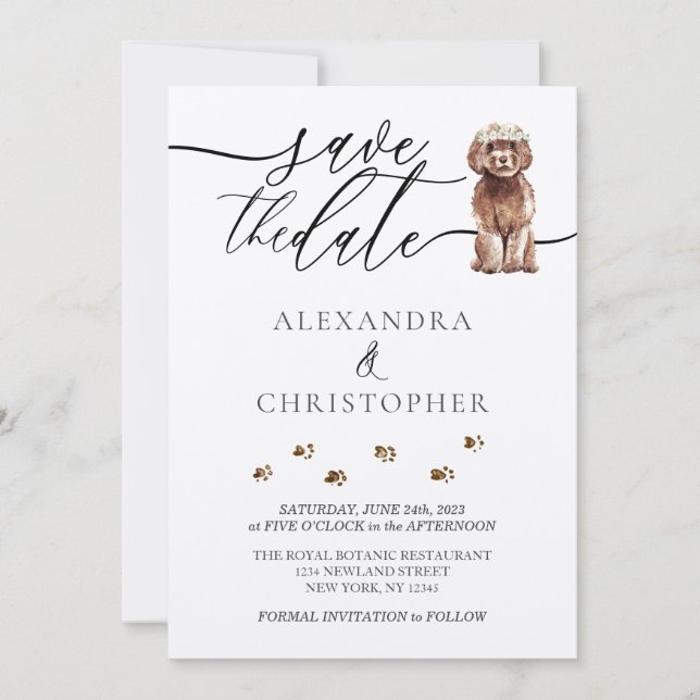 Save The Date Script Brown de Mariage de chiot Cavapoo (Devant)