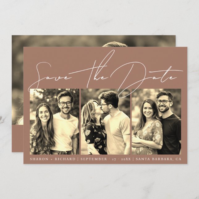 Save The Date Script calligraphie 3 sepia photo collage mocha (Devant / Derrière)