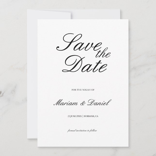 Save The Date Script classique élégant noir blanc Mariage islami (Devant)