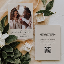 Save The Date Script d'arc photo minimal QR Code Beige