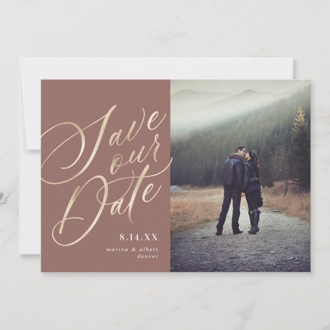 Save The Date Script de calligraphie | Or neutre | Photo (Devant)