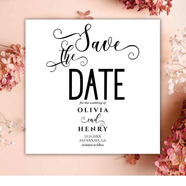 Save The Date Script de calligraphie romantique noir et blanc (Créateur téléchargé)