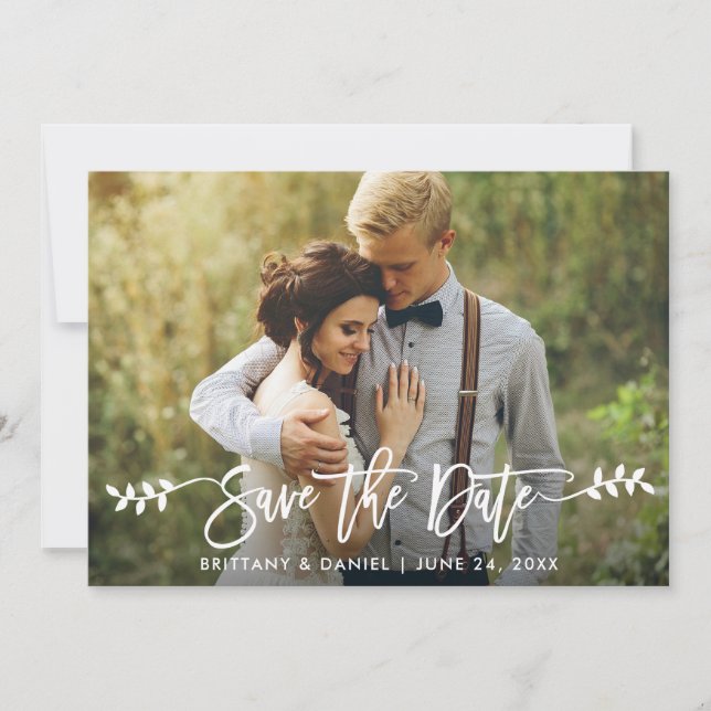Save The Date Script de pinceau moderne photo Feuille (Devant)