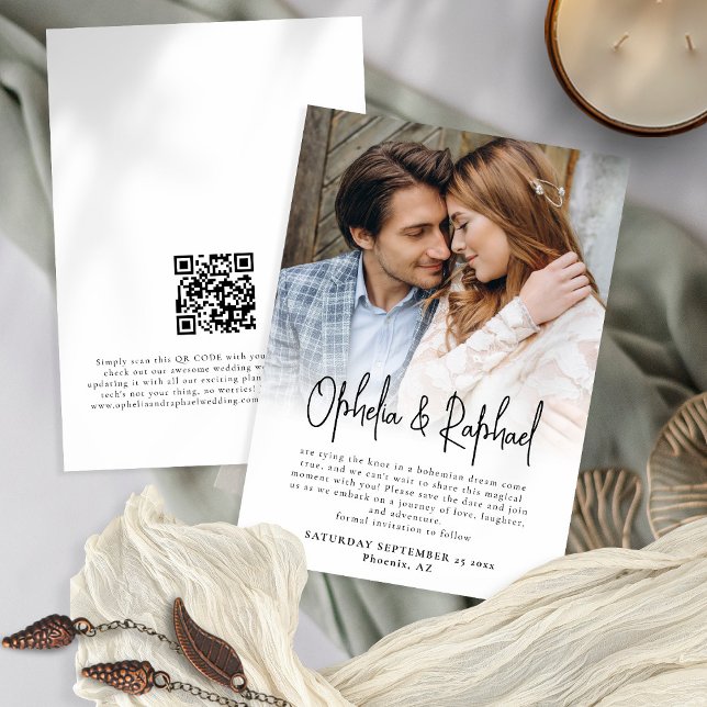 Save The Date Script d'incrustation de photo QR Code Boho Mariag (Front and back view)