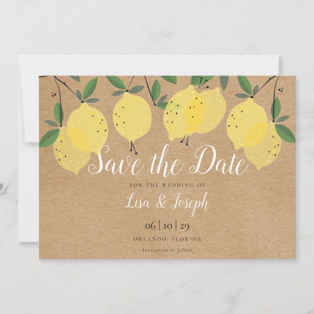 Save The Date Script élégant de citrons rustiques Boho (Devant)