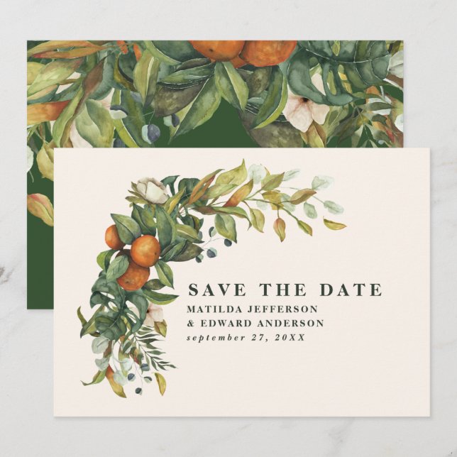 Save The Date Script élégant mariage agrumes botanique moderne (Devant / Derrière)