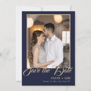 Save The Date Script élégant Or et bleu Photo
