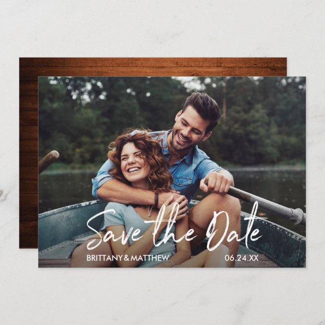 Save The Date Script manuscrit moderne bois photo (Devant / Derrière)