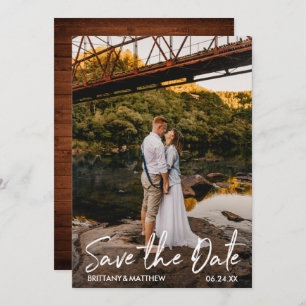 Save The Date Script manuscrit moderne Couple Photo Wood