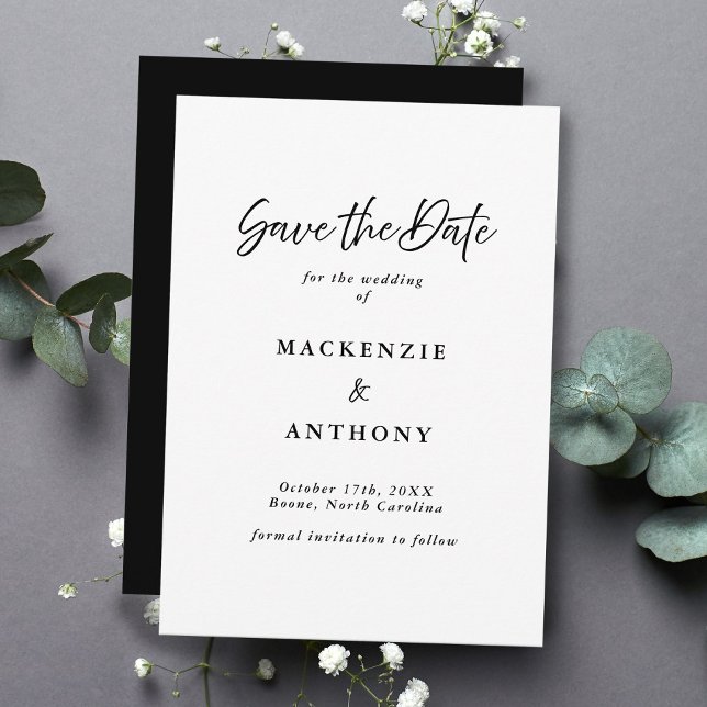 Save The Date Script manuscrit moderne noir et blanc (Handwritten Script Modern Black & White Save The Date)