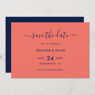 Save The Date Script moderne Marine bleu et Mariage de corail