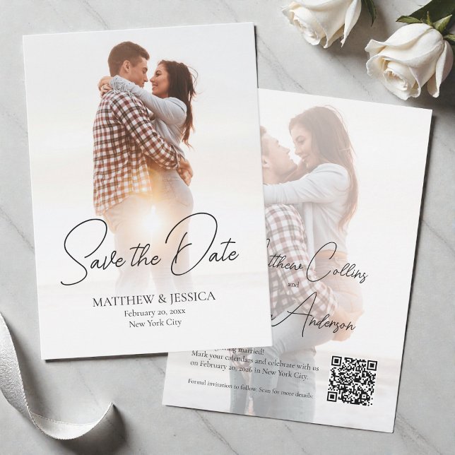 Save The Date Script moderne Simple 2 Photo Mariage QR Code (Modern Script Simple 2 Photo Wedding QR Code Save The Date)
