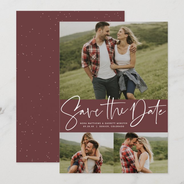 Save The Date Script moderne tendance trois photo (Devant / Derrière)