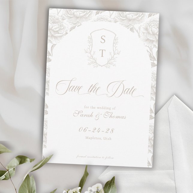 Save The Date Script Pale Taupe Monogramme Crest (Crest Save The Date Formal Card pale taupe, beige,  cream)