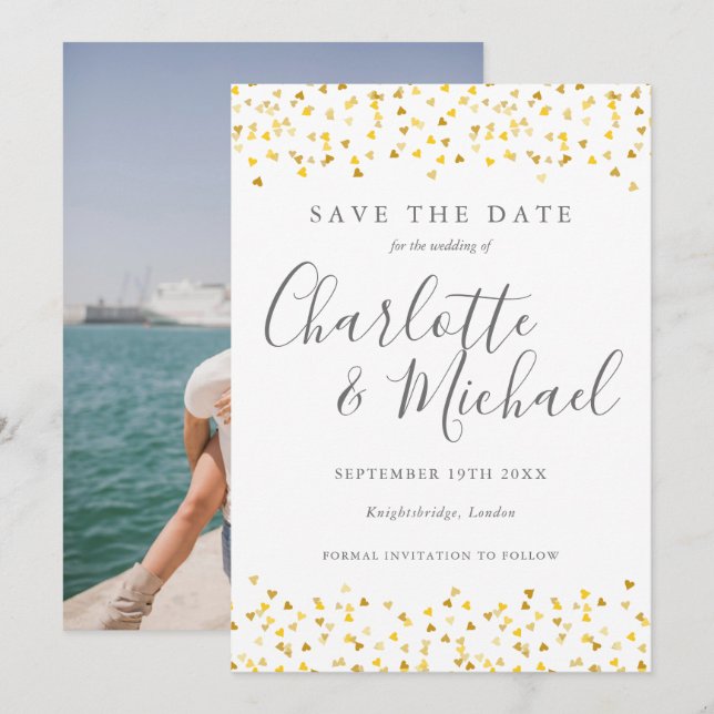 Save The Date Script photo confetti coeurs dorés (Devant / Derrière)