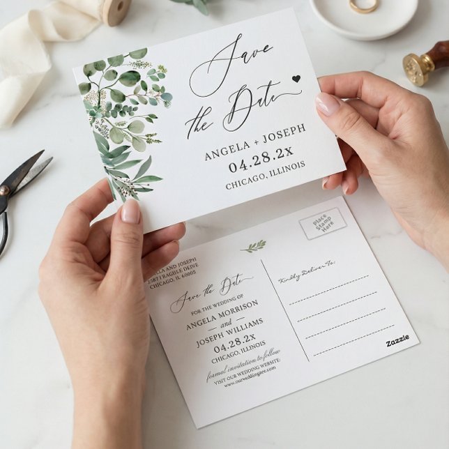 Save the Date Script Simple Eucalyptus Postkarte (Von Creator hochgeladen)