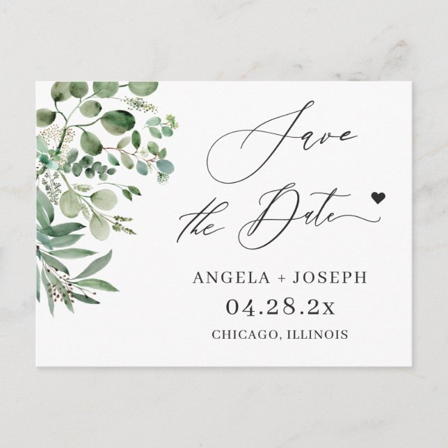 Save the Date Script Simple Eucalyptus Postkarte (Vorderseite)