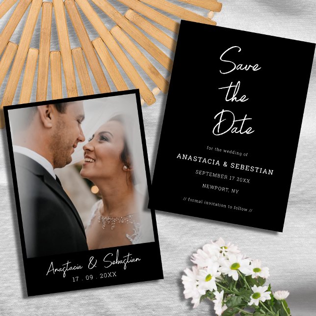 Save The Date Script simple Mariage photo moderne noir et blanc (Simple Script Modern Black & White Photo Wedding Save The Date)