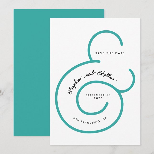 Save The Date Script Turquoise de Monnaie Moderne Grand Mariage  (Devant / Derrière)