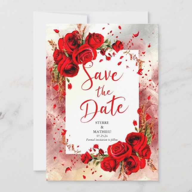 Save The Date Script unique Crimson Red Roses Mariage (Devant)