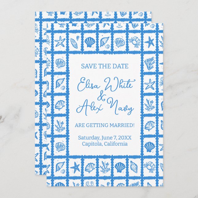 Save The Date Seashell Grid Beach Wedding Code QR PERSONNALISÉ (Devant / Derrière)