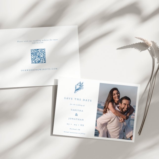 Save The Date Seashell minimaliste QR Code Photo Plage Mariage (Créateur téléchargé)