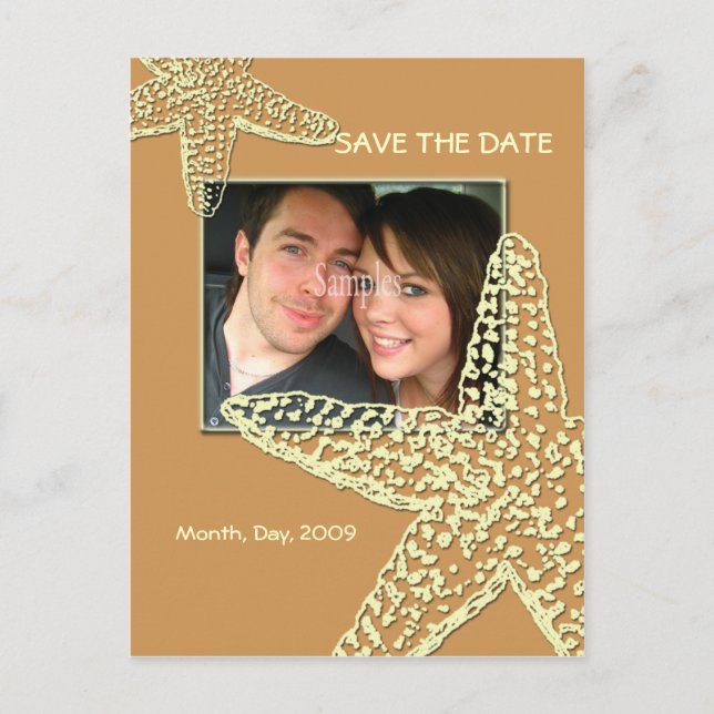 Save the Date Seestern + Sand Ankündigungspostkarte (Vorderseite)
