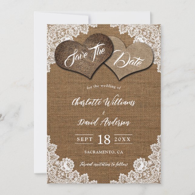 Save The Date Shabby Chic Burlap Mariage campagnard de dentelle  (Devant)