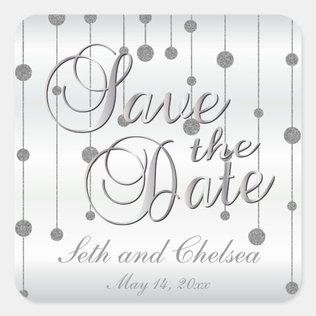 Save the Date Silber und Weiß | Personalisieren Quadratischer Aufkleber (Vorderseite)
