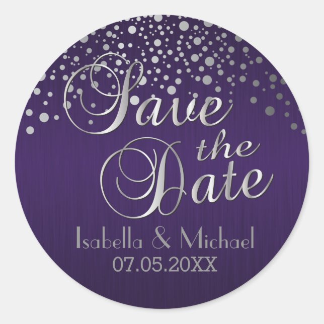 Save The Date | Silberpunkte und Lila | Personalis Runder Aufkleber (Vorderseite)