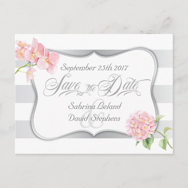 Save the Date Silberstreifen und rosa Hydrangeas Ankündigungspostkarte (Vorderseite)