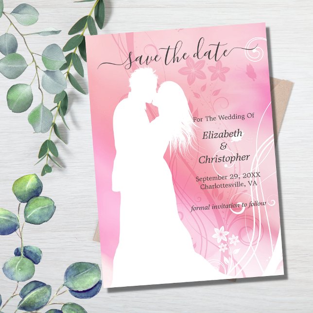 Save The Date Silhouette Kisser Couple Rose Blanc Floral (Créateur téléchargé)