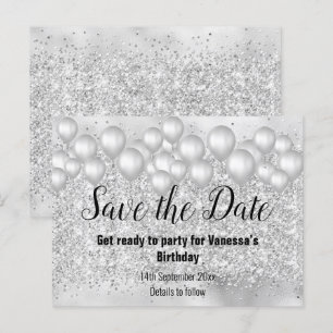 Save the Date Silver Balloons Glitzer Ankündigungspostkarte