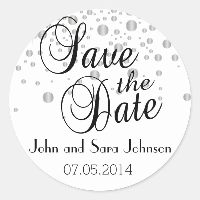 Save The Date | Silver Dots| Personalisieren Runder Aufkleber (Vorderseite)