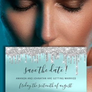 Save the Date Silver Gray Blue Spark Tropfens Aqua