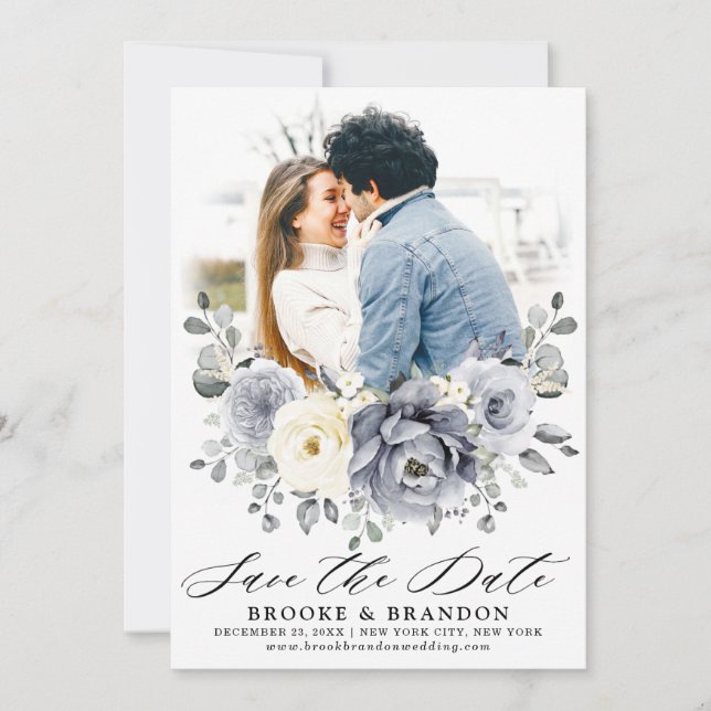Save The Date Silver Grey Ivory Floral hiver Rustique Mariage (Devant)